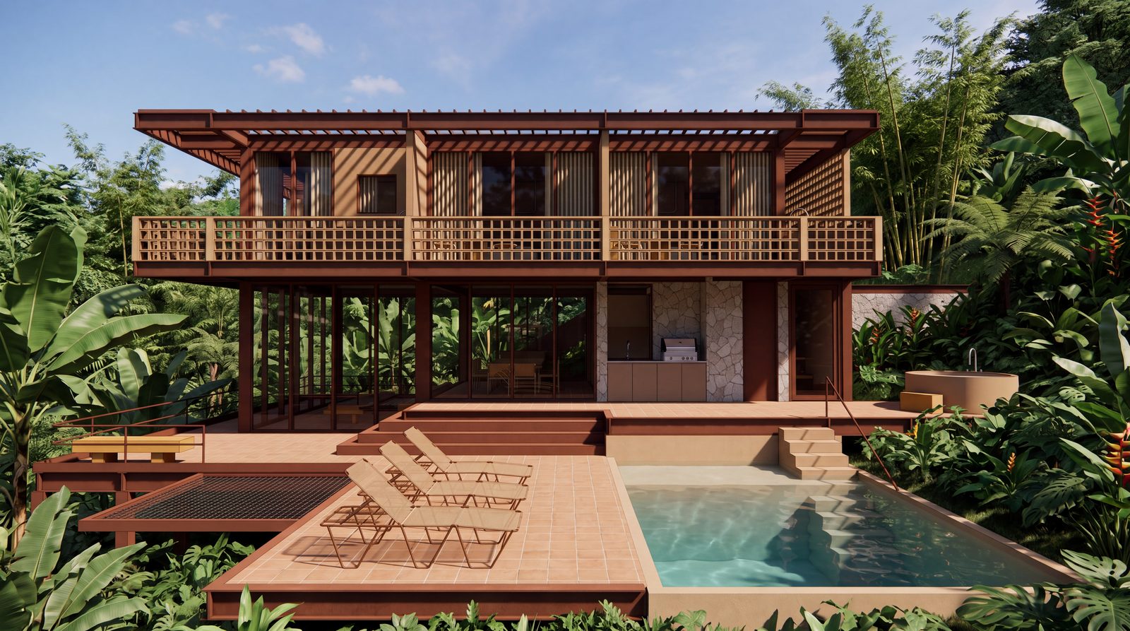 Render de villa con piscina privada, proyecto de bienestar en Nocaima, Cundinamarca
